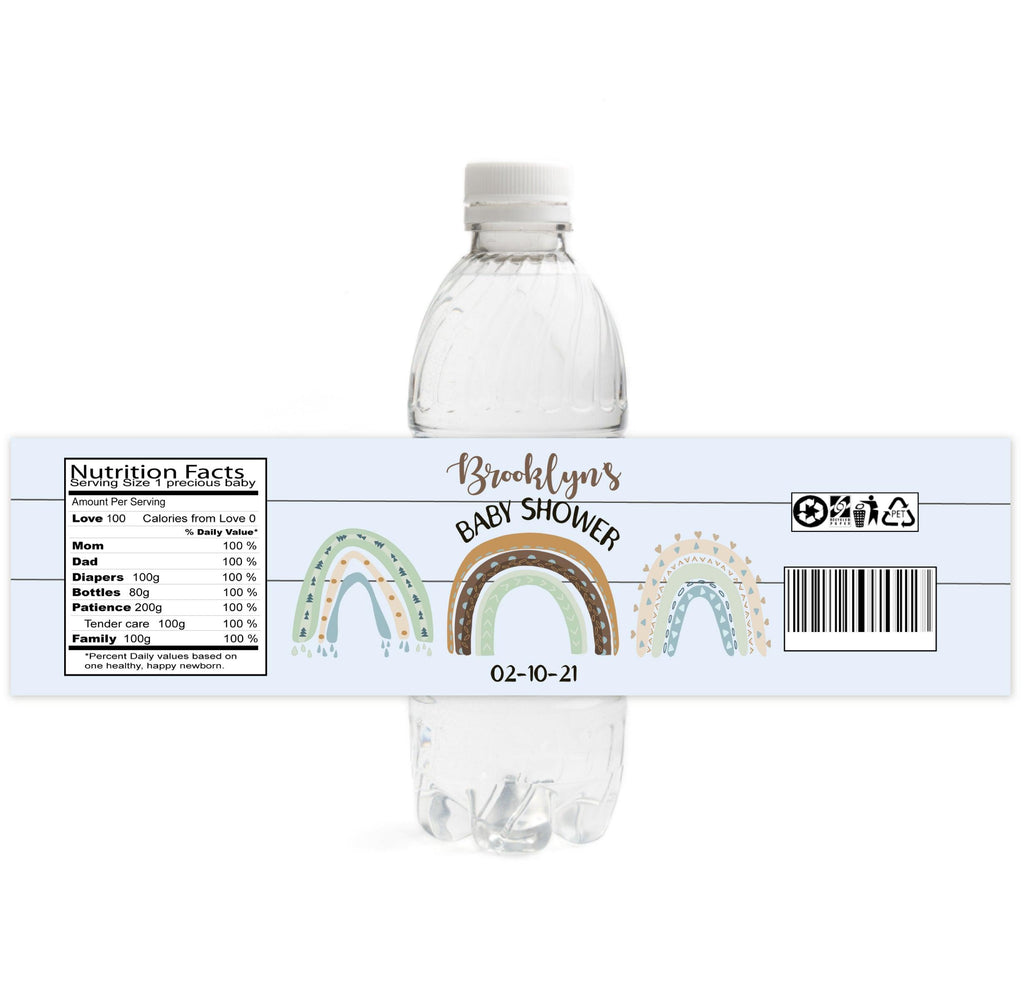 Boho Rainbows Baby Shower Water Bottle Labels - Blue