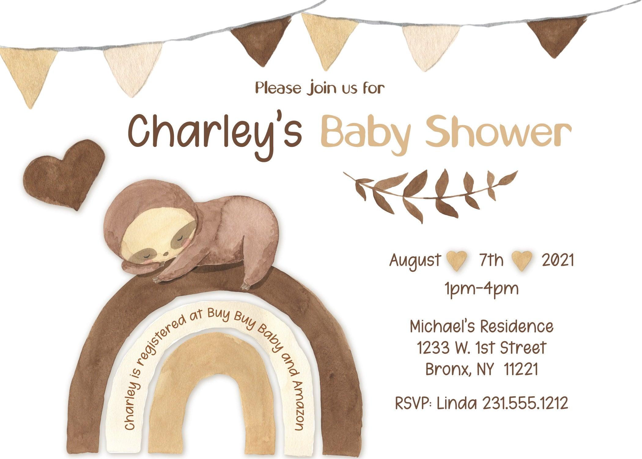 Boho Sloth Baby Shower Invitation - StorkBabyGiftBaskets.com