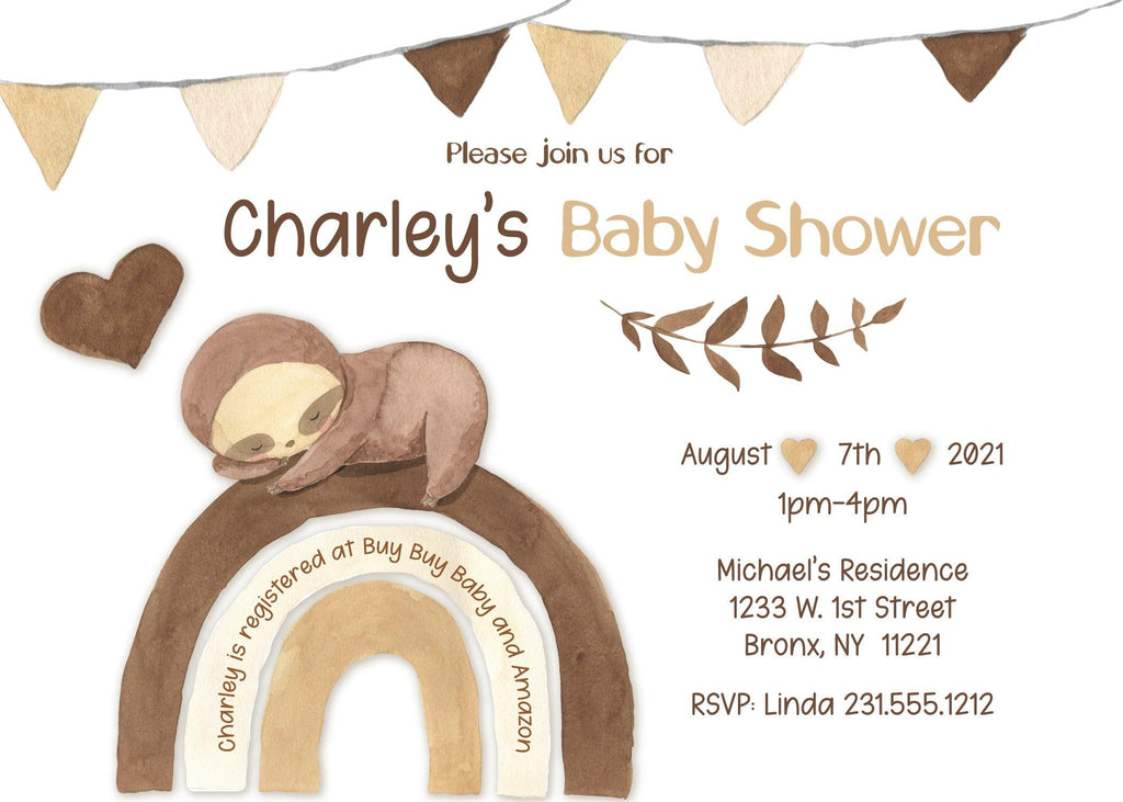 Boho Sloth Baby Shower Invitation - StorkBabyGiftBaskets.com