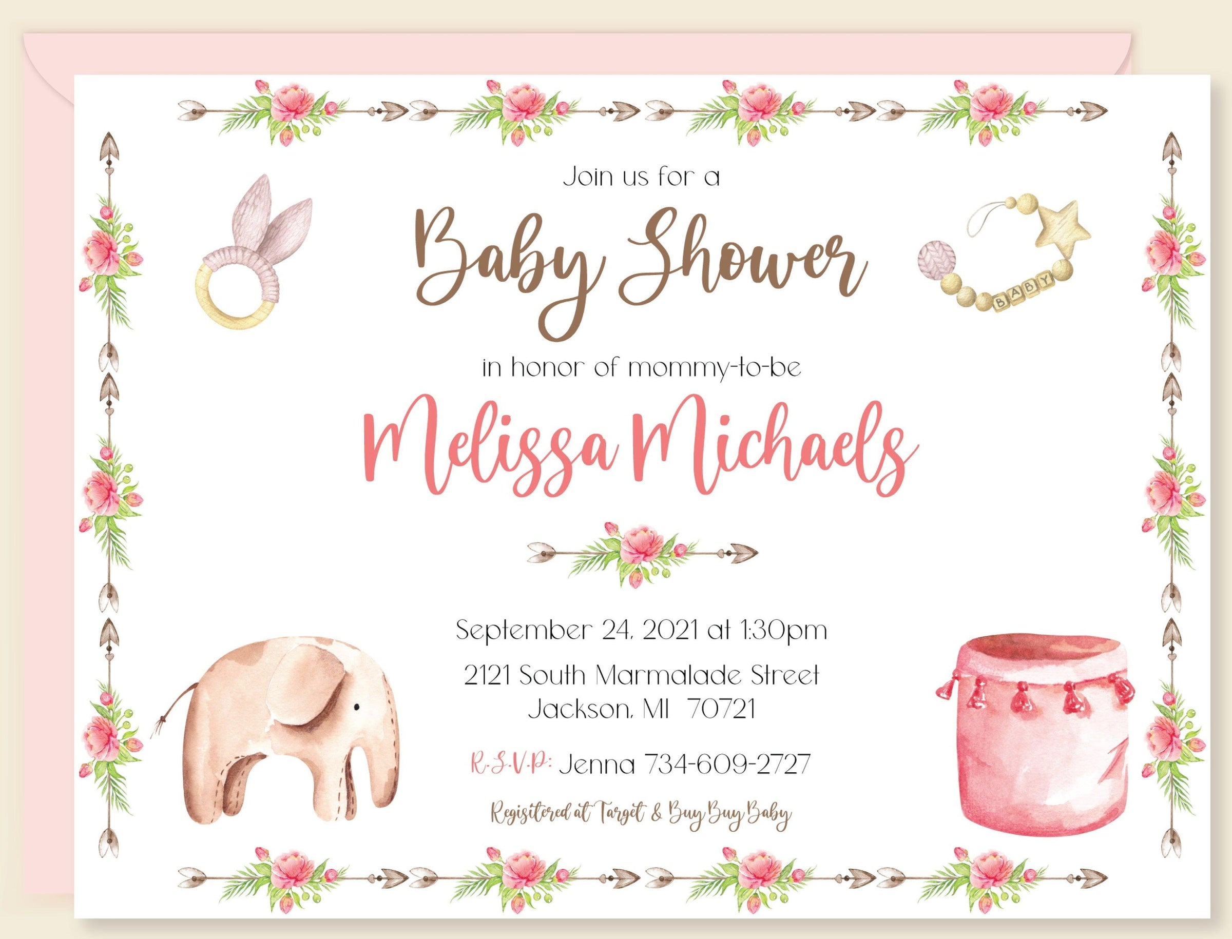 Boho Toys Baby Girl Shower Invitation