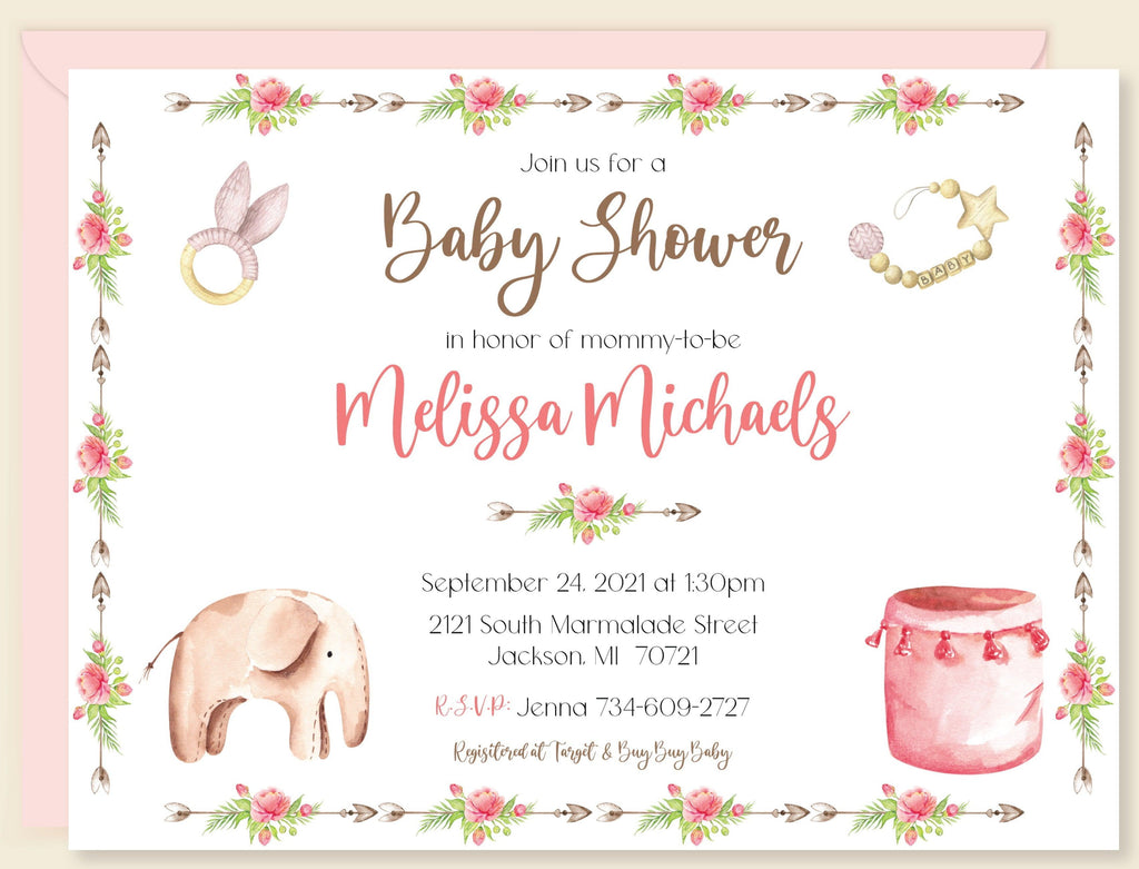 Boho Toys Baby Girl Shower Invitation
