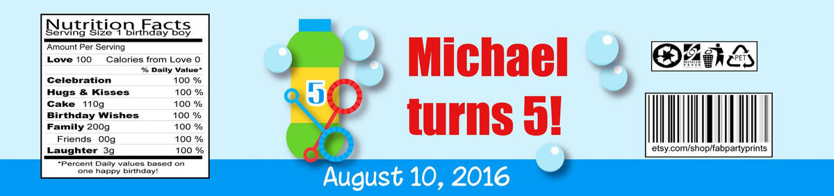 Bubbles Birthday Water Bottle Labels (#B-WBL103) - StorkBabyGiftBaskets
