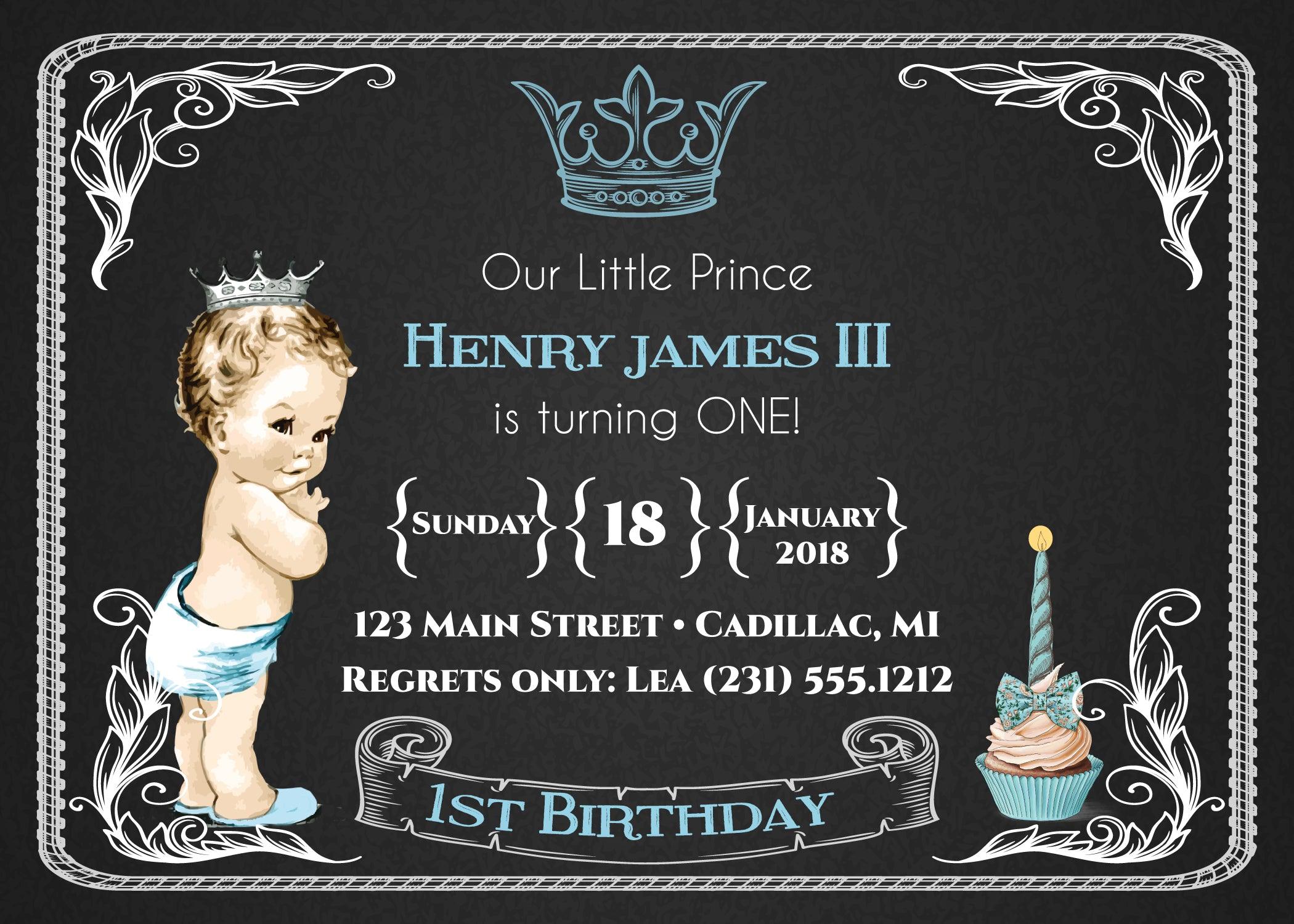 Chalkboard Vintage Prince Invitation - Boy's First Birthday Party Invitations