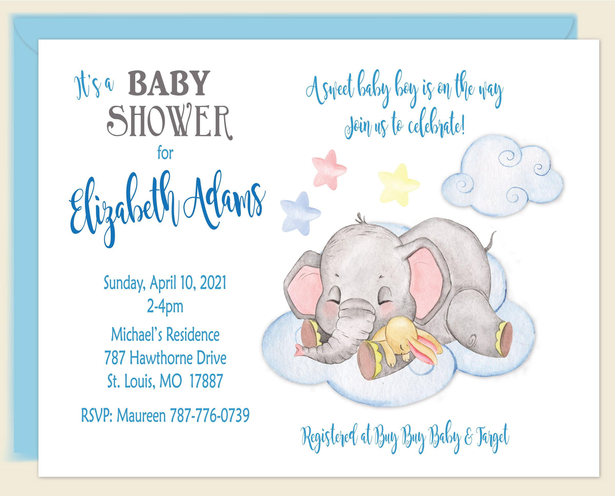 Elephant Cloud Baby Boy Shower Invitation