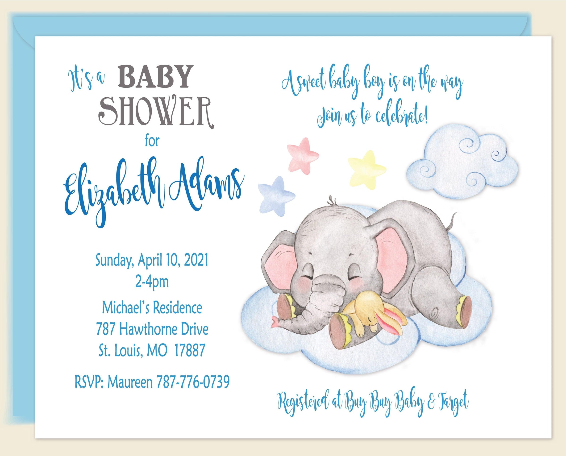 Elephant Cloud Baby Boy Shower Invitation