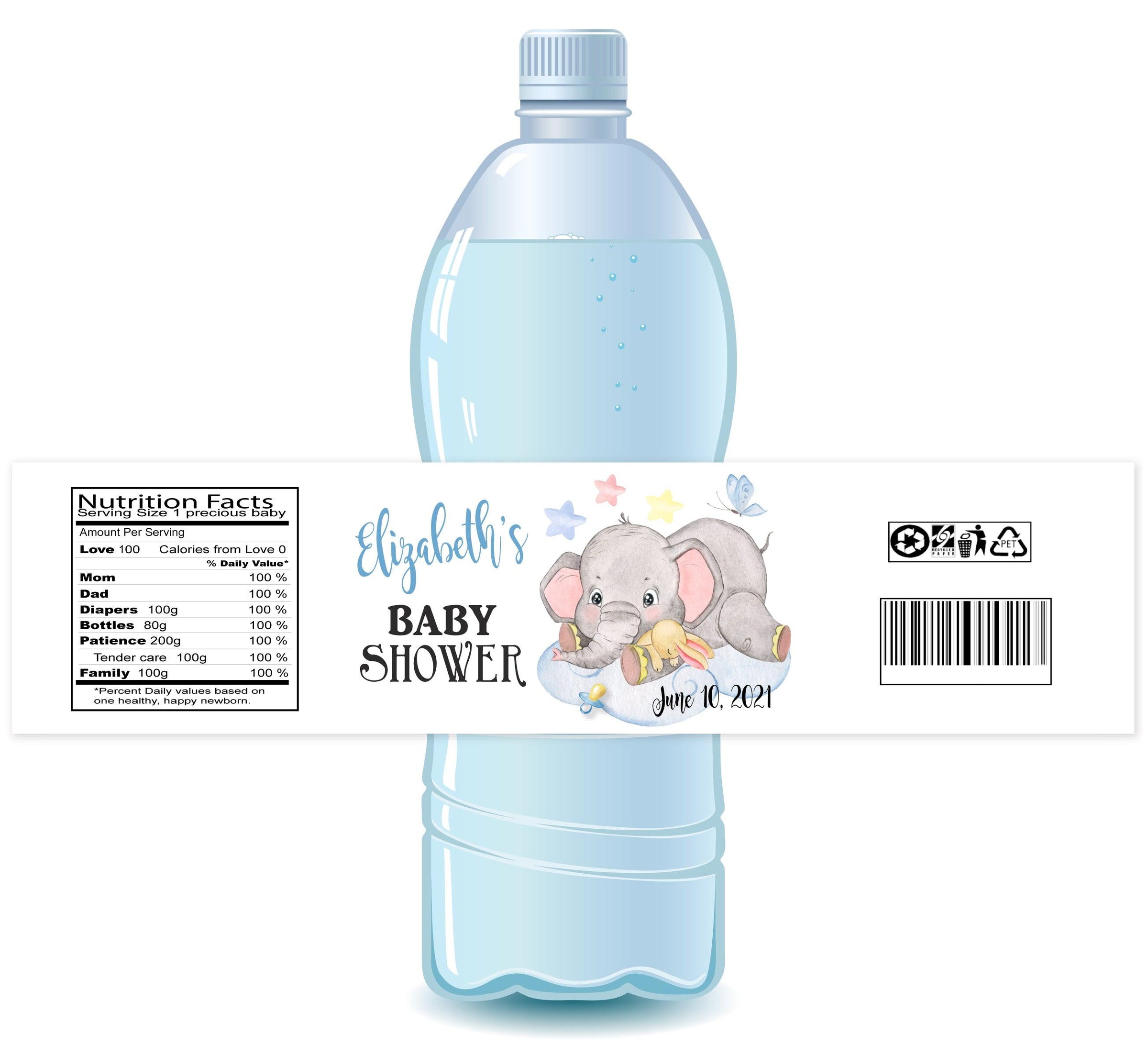 Elephant Cloud Boy Water Bottle Labels - StorkBabyGiftBaskets.com