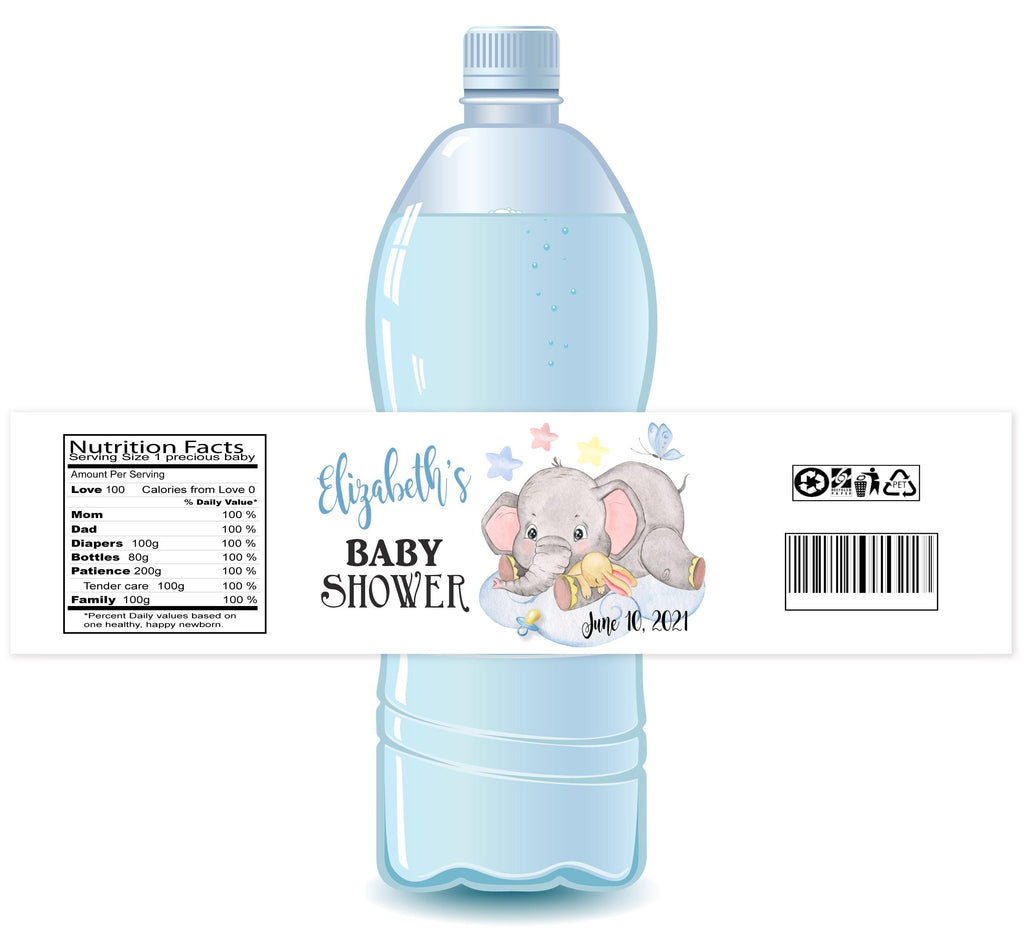 Elephant Cloud Boy Water Bottle Labels - StorkBabyGiftBaskets.com