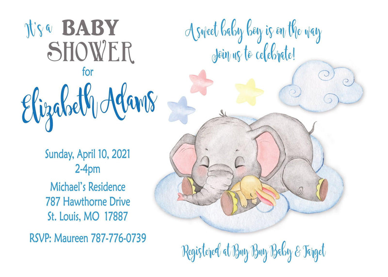 Elephant Cloud Baby Boy Shower Invitation - StorkBabyGiftBaskets.com