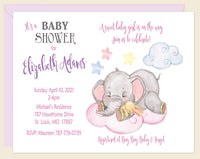 Elephant Cloud Baby Girl Shower Invitation