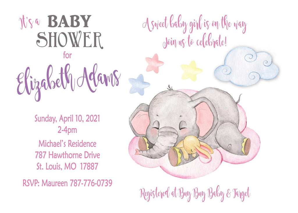 Elephant Cloud Baby Girl Shower Invitation - StorkBabyGiftBaskets.com