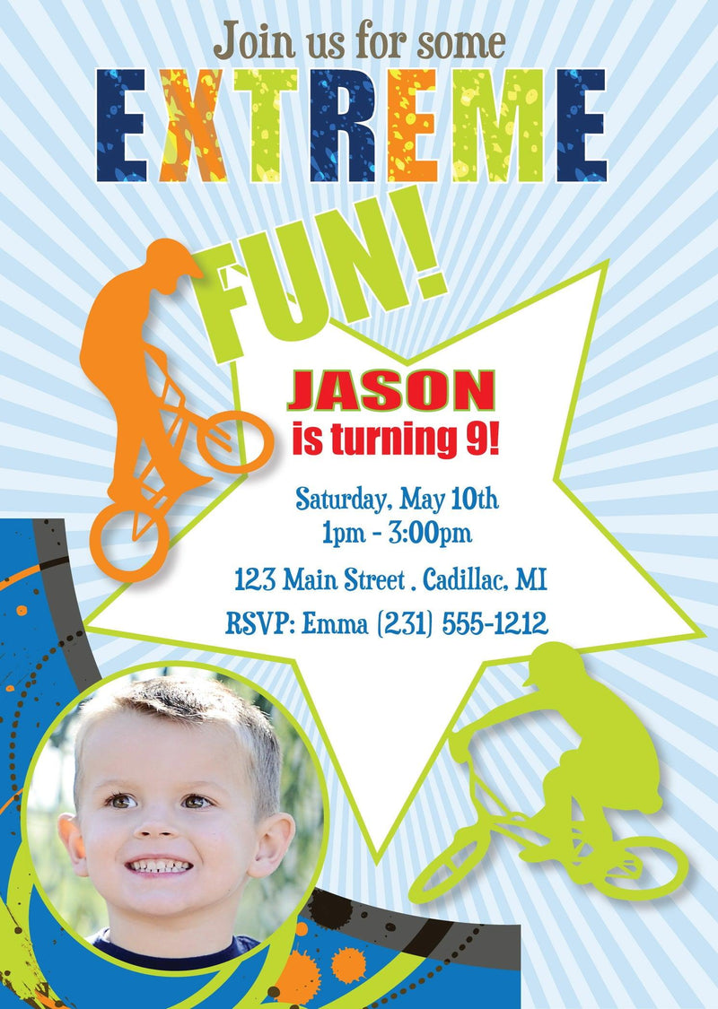 BMX Biking Photo Birthday Invitation (#KBI123) - StorkBabyGiftBaskets.com