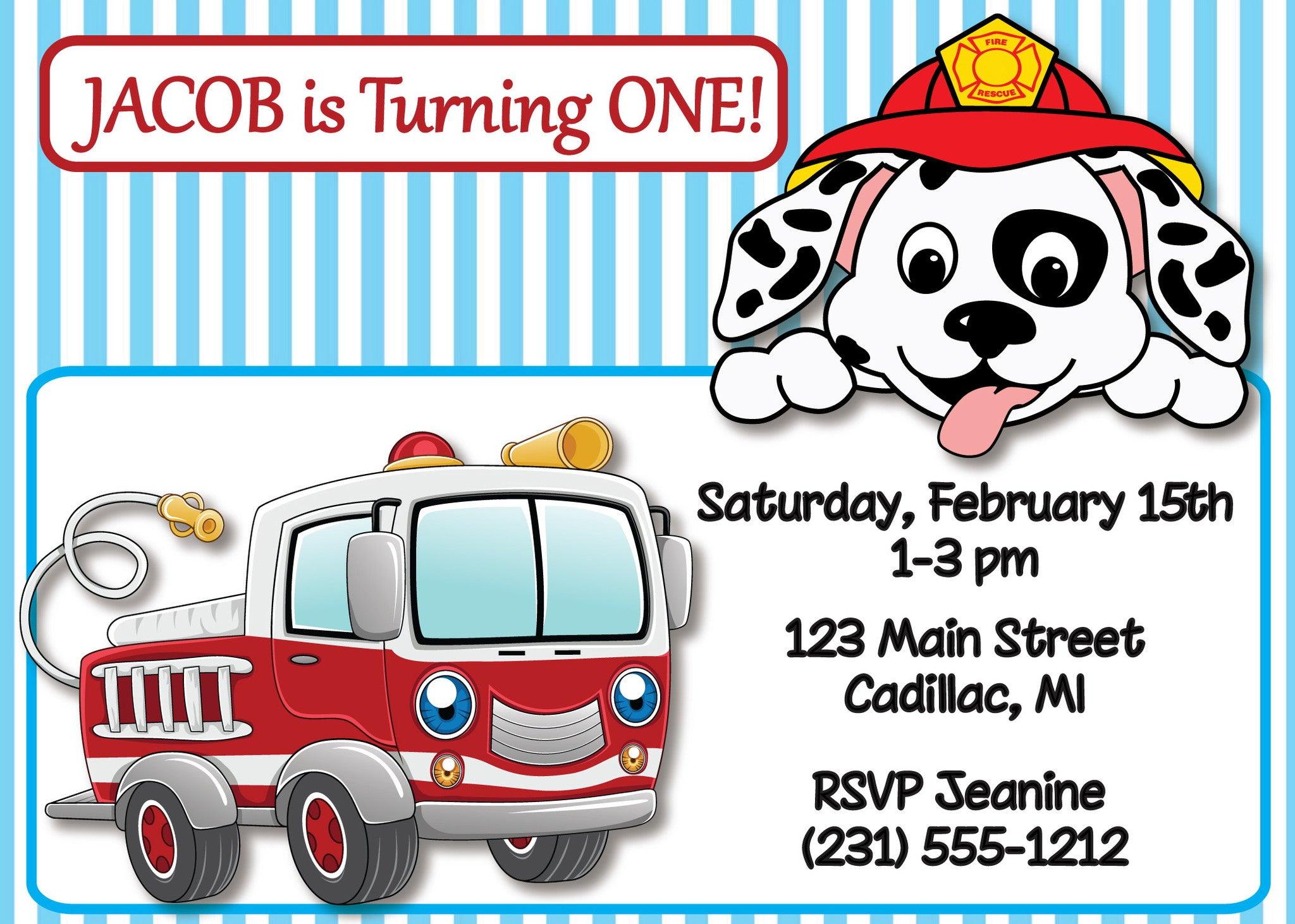 Fire Truck 1st Birthday Invitation (#KBI115) - StorkBabyGiftBaskets