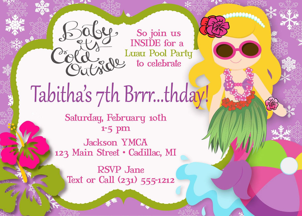 Mermaid - Luau Pool Party Birthday Invitation (#KBI125) - StorkBabyGiftBaskets.com