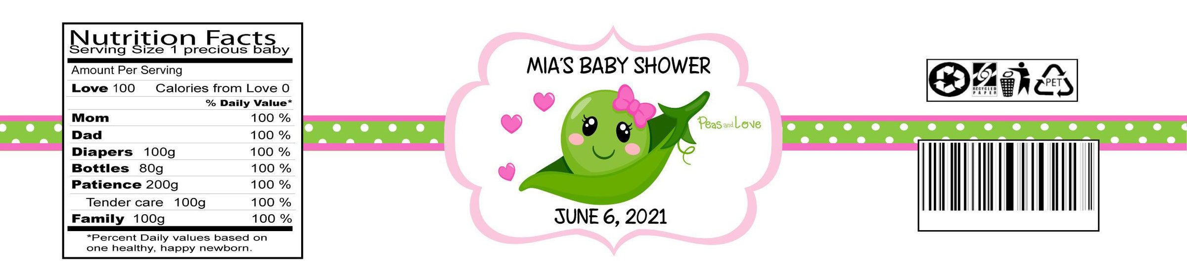 Peas And Love Baby Shower Water Bottle Labels - StorkBabyGiftBaskets.com