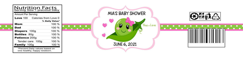 Peas And Love Baby Shower Water Bottle Labels - StorkBabyGiftBaskets.com