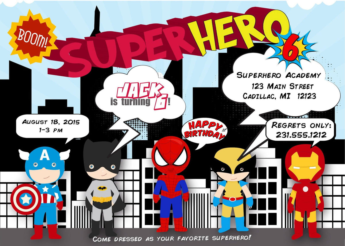 Super Hero's Kids Birthday Invitations (#KBI117) - Stork Baby Gift Baskets