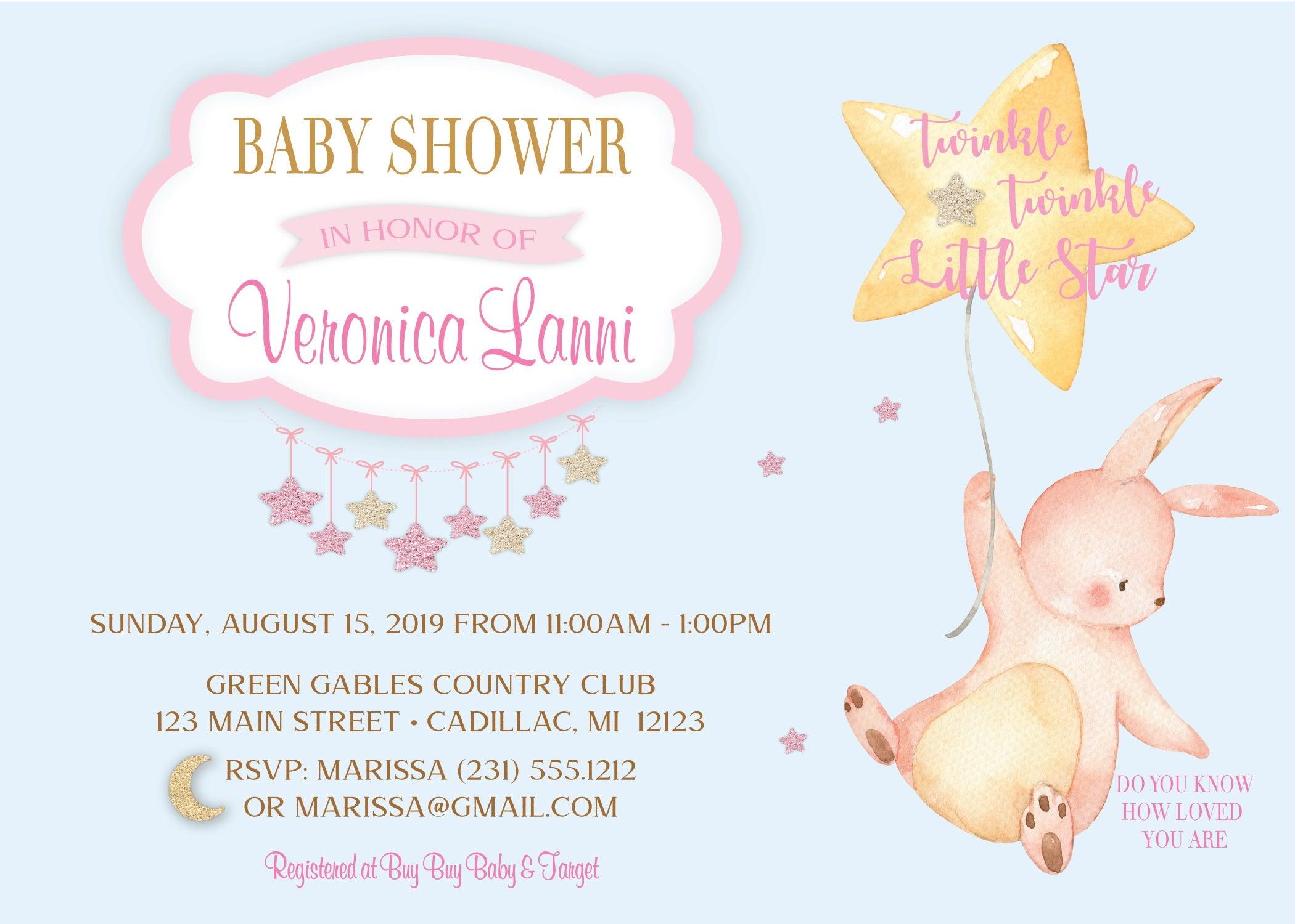 Twinkle Little Star (Pink) Baby Shower Invitation - StorkBabyGiftBaskets.com
