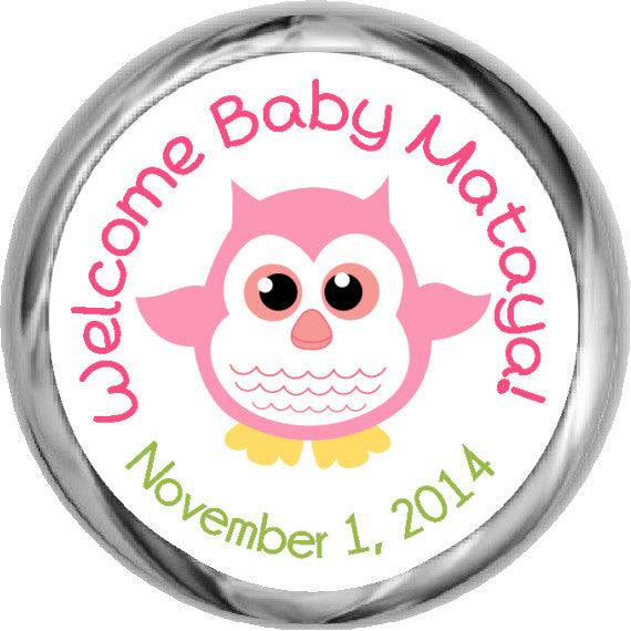 Baby Girl Owl Stickers - KISSES Candy Baby Shower (#HKS13) - StorkBabyGiftBaskets - 1