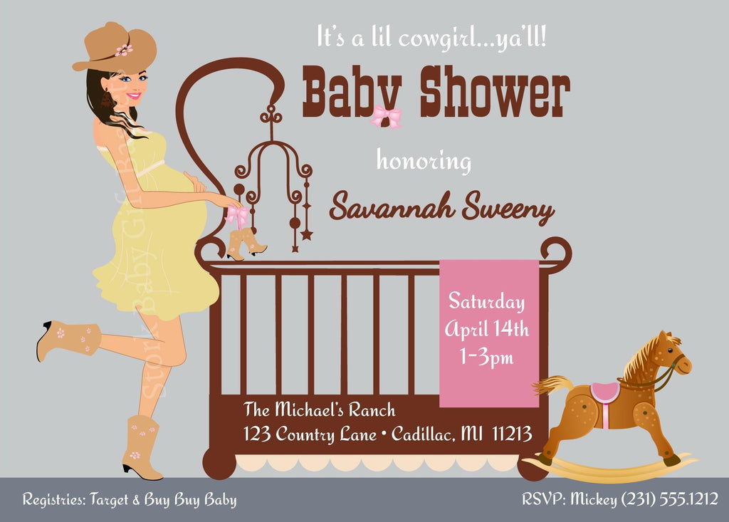 Cowgirl Baby Invitations - Black Hair